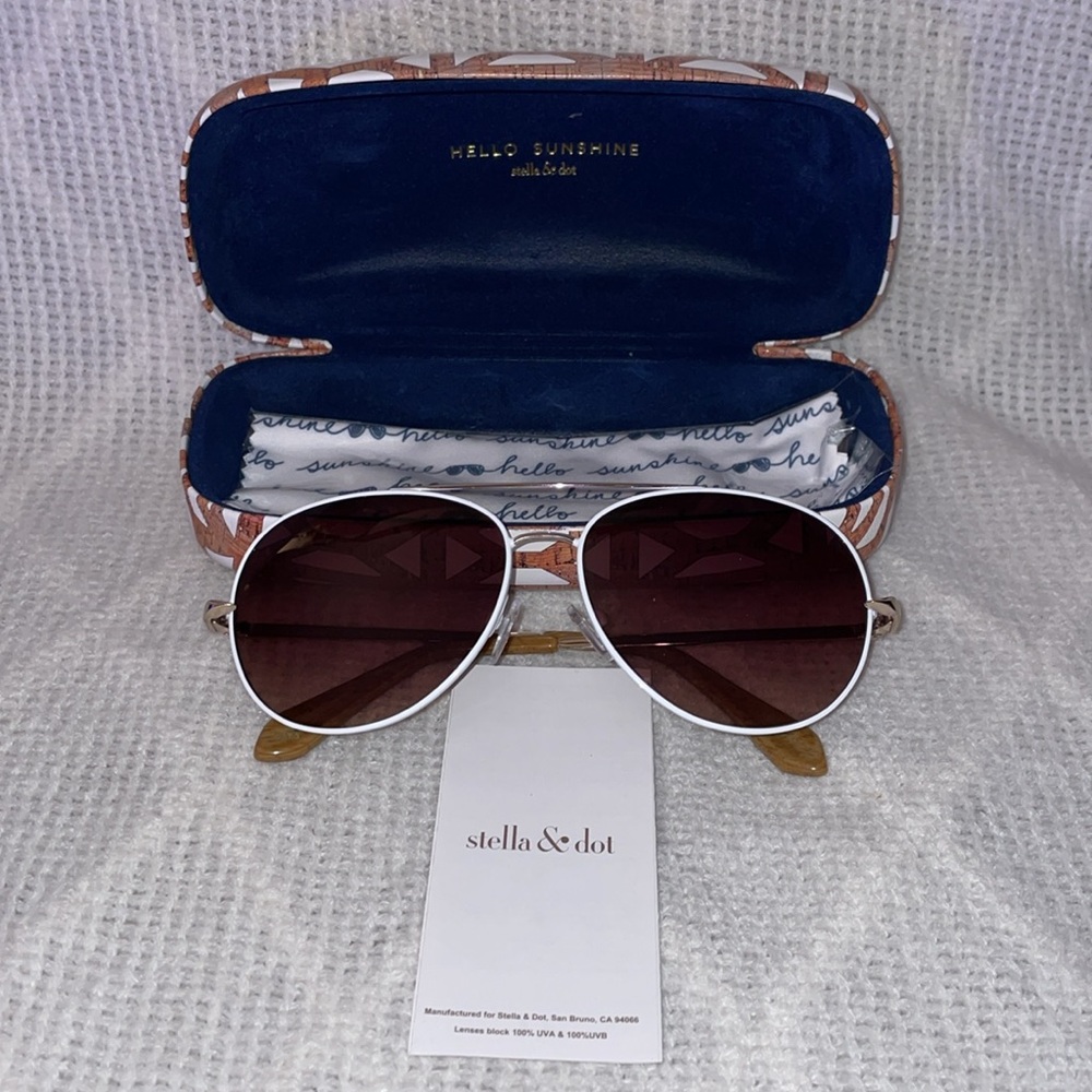 NWT Stella & Dot Brown Aviator Sunglasses with Hard Shell Case - Picture 2 of 10